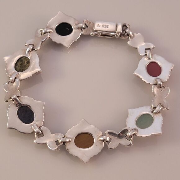 Sterling Multi Stone Cabochon Marcasite Link Bracelet - Picture 6 of 9